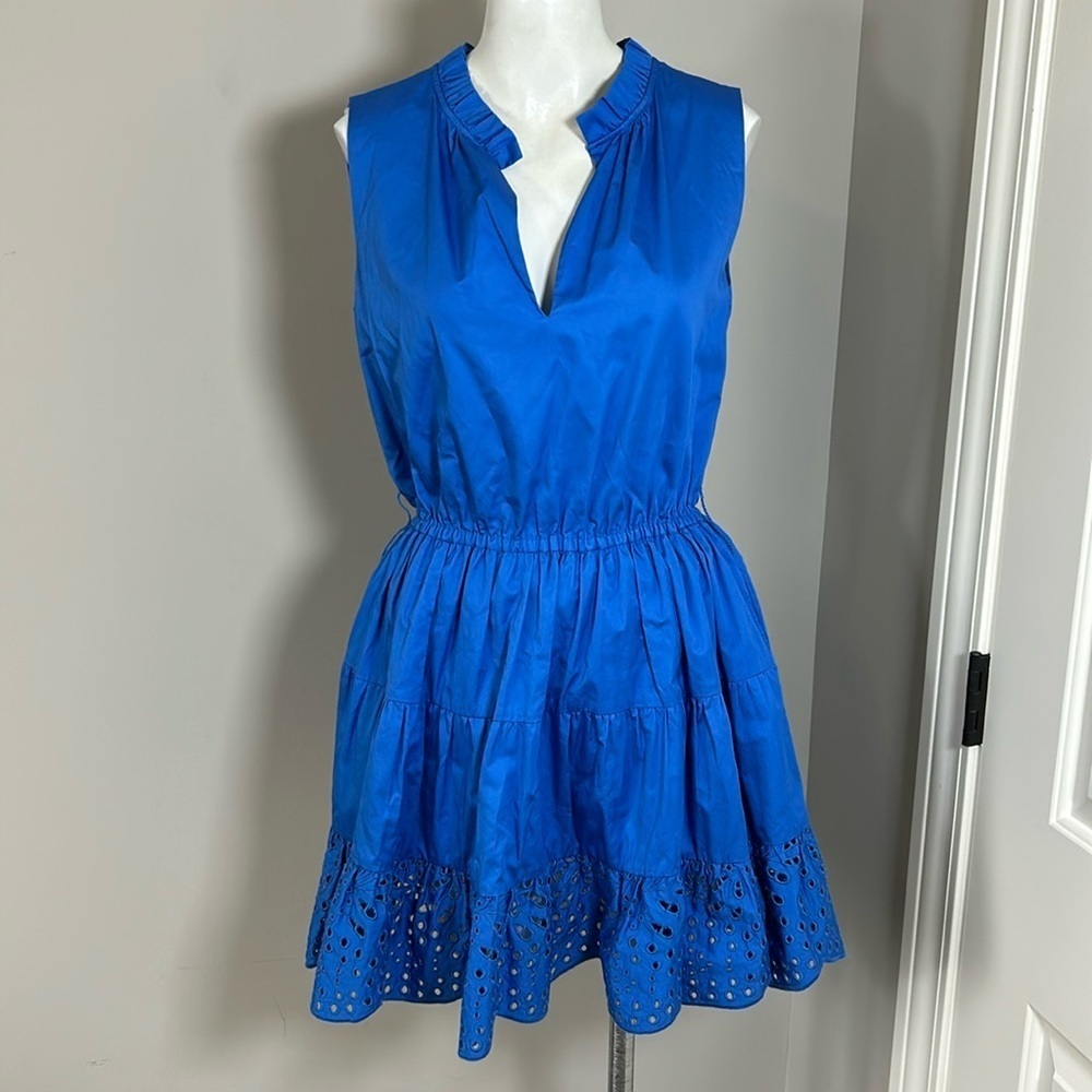 KARINA GRIMALDI Eyelet Mini Dress Blue Ruffle Vneck Cinched Waist Sz XS